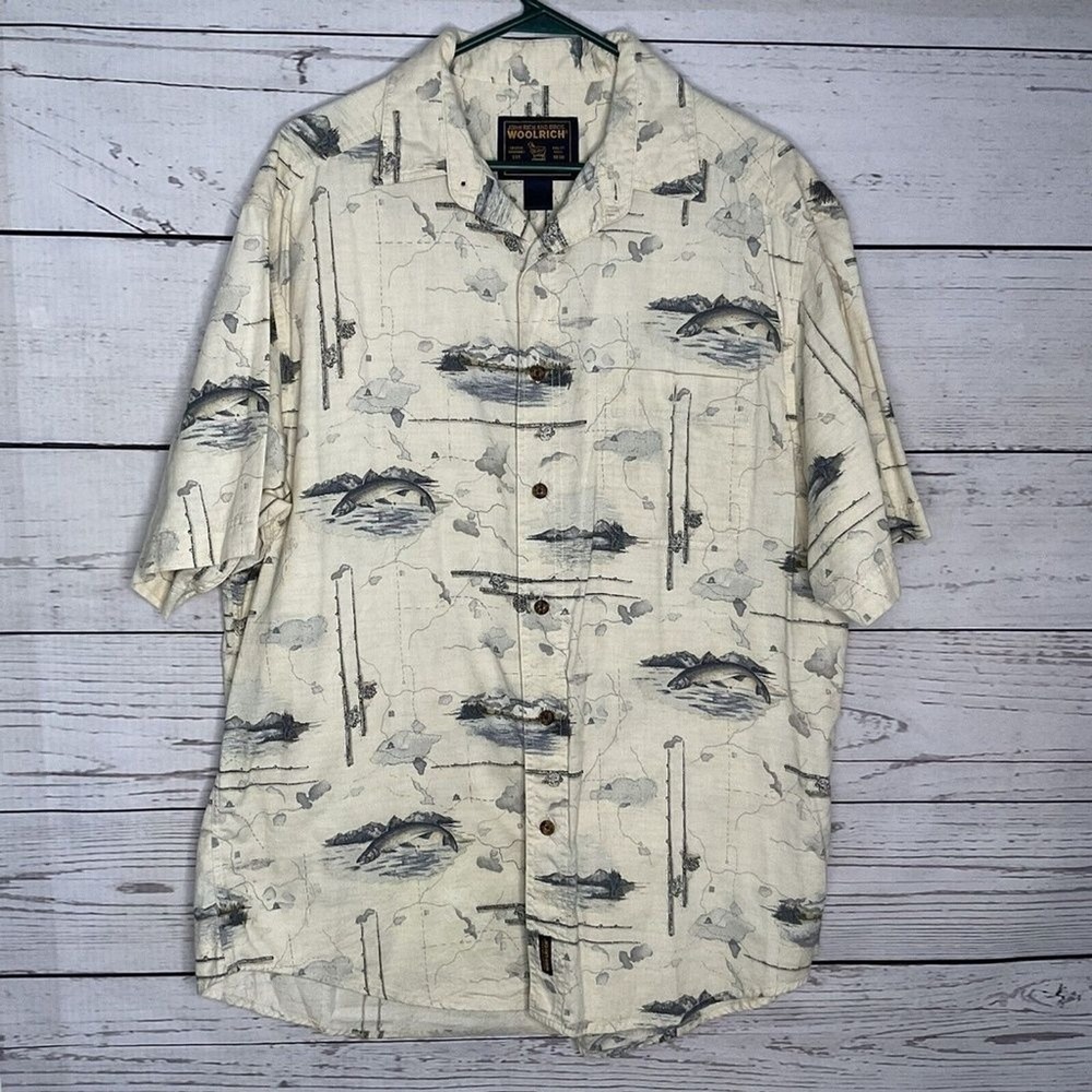 Vintage Woolrich Beige Short‎ Sleeve Button Up Fishing Travel Shirt Men XL